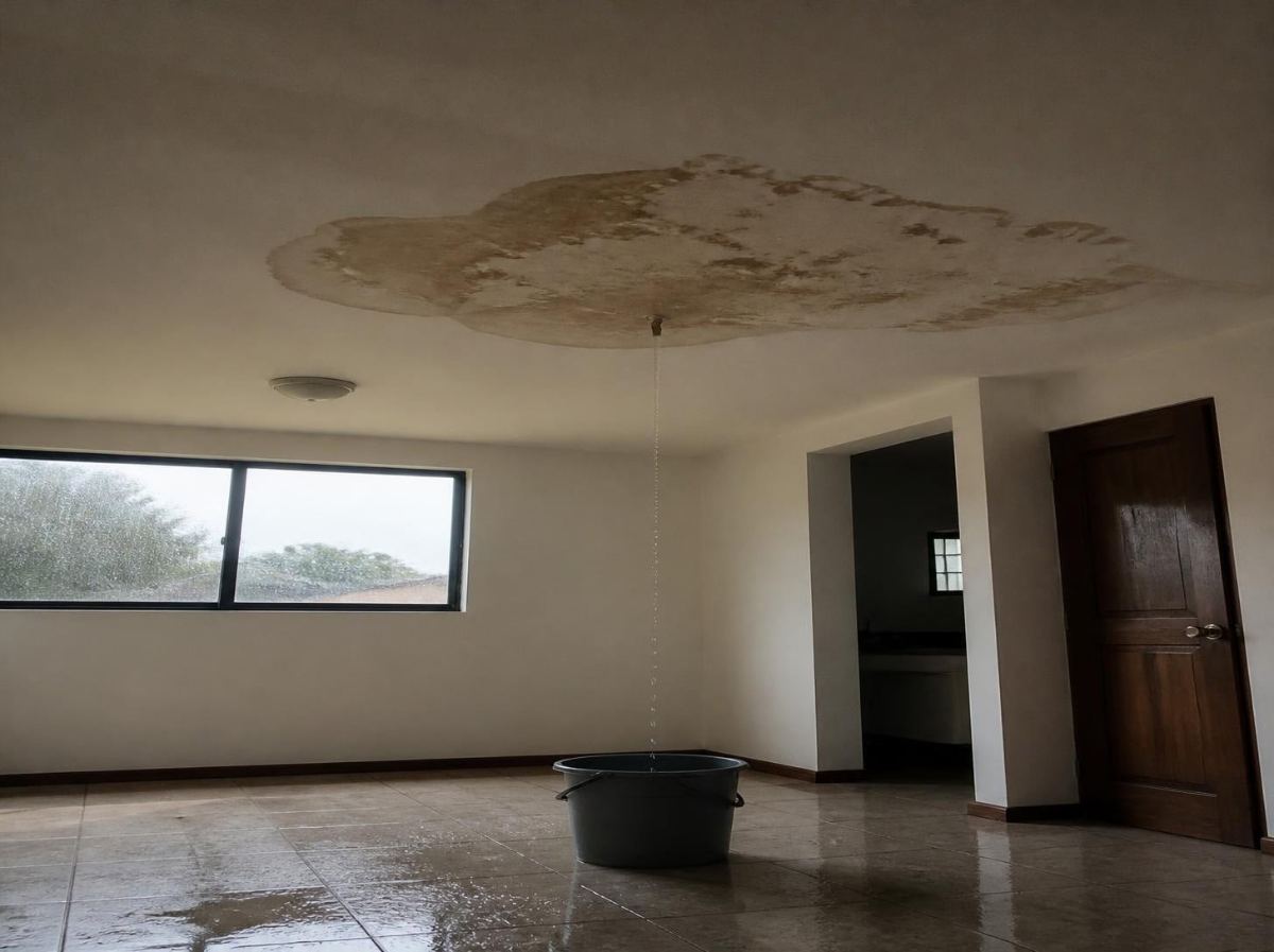 Mancha de gotera en el cielo raso con un balde debajo