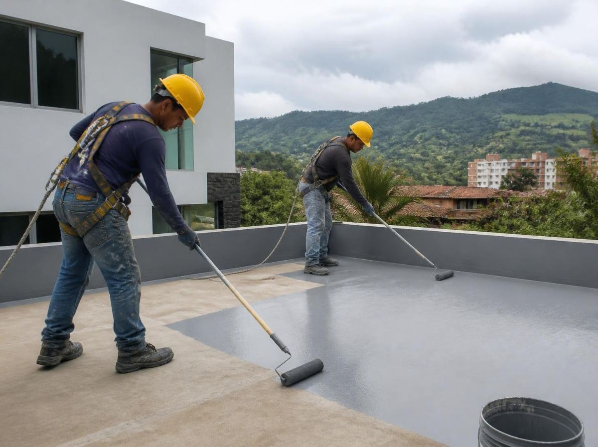 Aplicación de membrana elastomérica con rodillo en una terraza